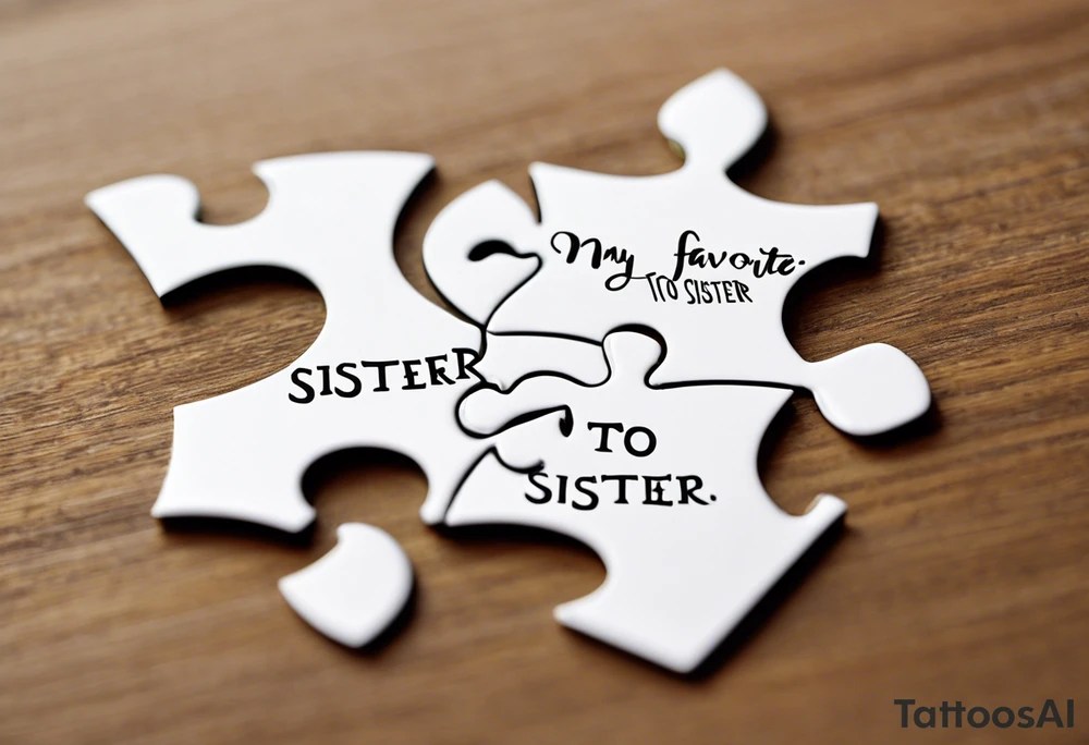 Interlocking Puzzle Pieces
   Concept: Two outlined puzzle pieces that are interlocking or fit together perfectly, symbolizing how you and your sister were connected. One of the puzzle pieces could have the small, filled-in heart inside it.
   Text: “To my favorite sister” could be placed underneath or along the curve of your ankle, maintaining your sister’s handwriting. You could position the text so it wraps slightly around the interlocking pieces. tattoo idea