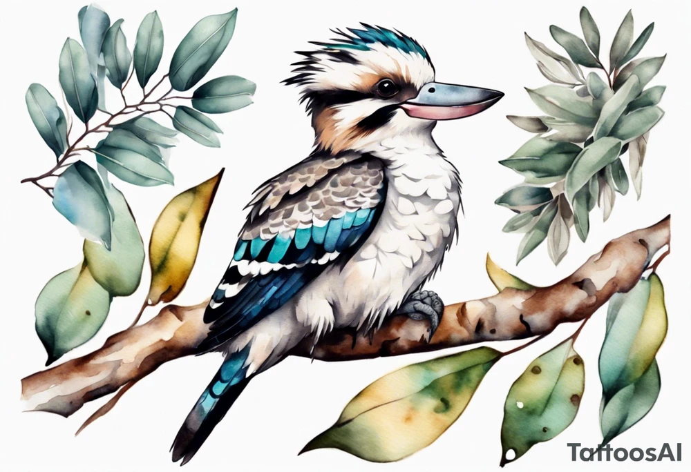 A kookaburra sitting on tree with a koala below surrounded by wattle and eucalyptus leaves tattoo idea