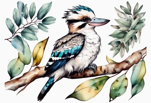 A kookaburra sitting on tree with a koala below surrounded by wattle and eucalyptus leaves tattoo idea