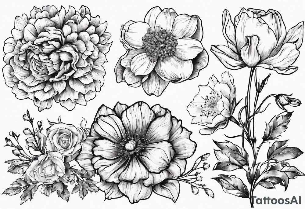 Bundle of flowers with Two carnations, Two daffodils, One snowdrop, One hawthorn flower, Two honeysuckles, One rose, One chrysanthemum, one cosmos, one marigold, one morning glory, and one aster tattoo idea