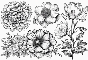 Bundle of flowers with Two carnations, Two daffodils, One snowdrop, One hawthorn flower, Two honeysuckles, One rose, One chrysanthemum, one cosmos, one marigold, one morning glory, and one aster tattoo idea