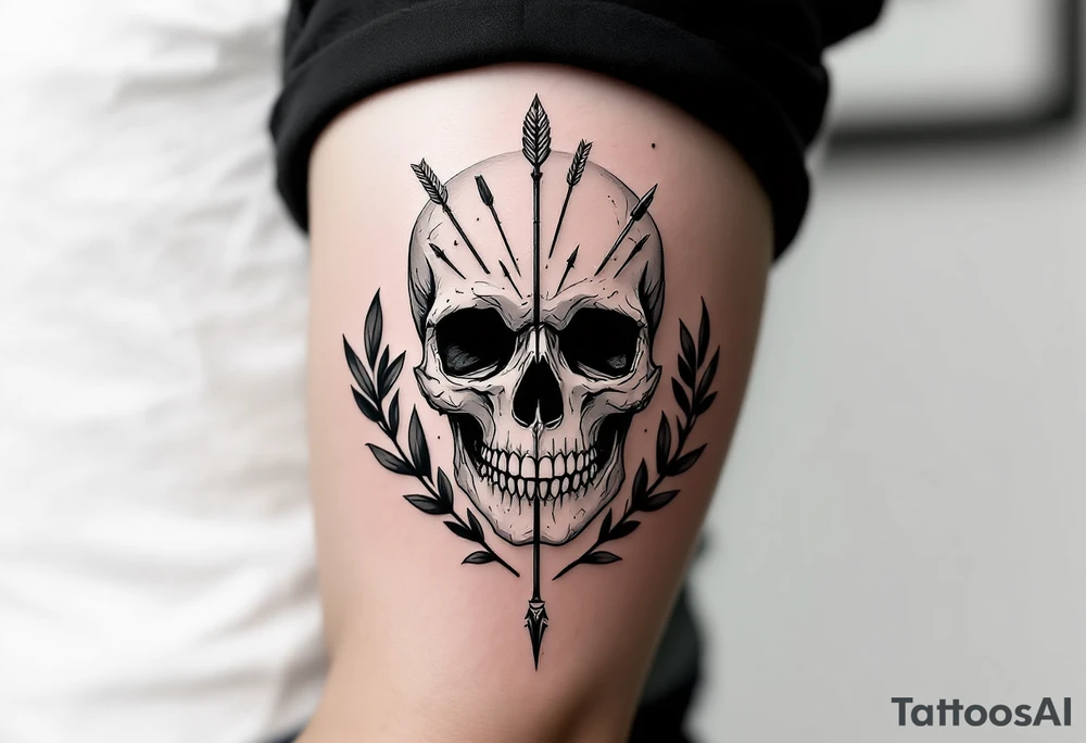 a skull whose head  be pierced by needles and under the head come out an  arrow and surrounded  by two olive tree leaf around tattoo idea