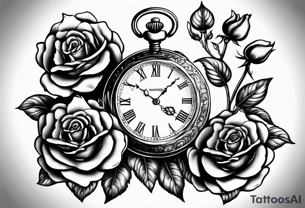 Pocket watch with chain and roses tattoo idea