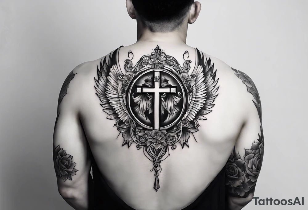 A simple tattoo that is placed on the upper back of a male. It should represent catholic religion, discipline, pain and the love to animals. tattoo idea