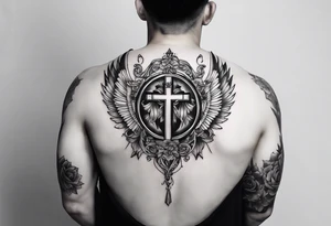 A simple tattoo that is placed on the upper back of a male. It should represent catholic religion, discipline, pain and the love to animals. tattoo idea