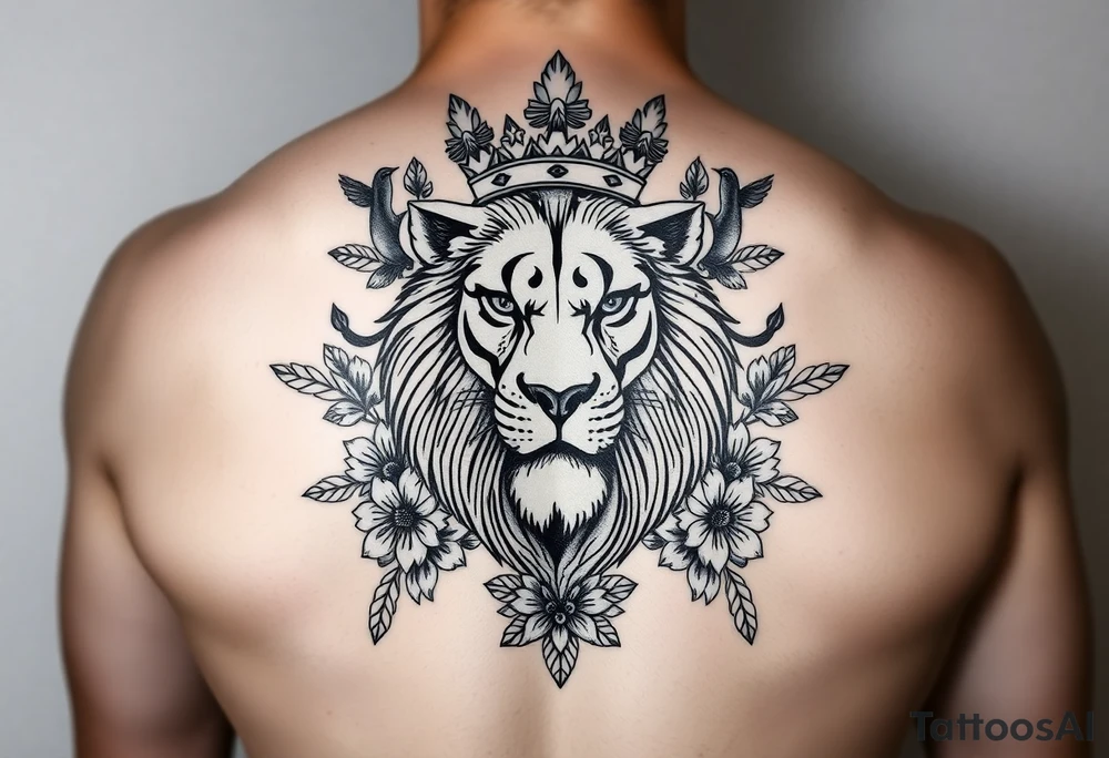 powerful majestic lion with a crown, surrounded by floral ornaments and birds tattoo idea