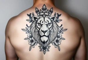 powerful majestic lion with a crown, surrounded by floral ornaments and birds tattoo idea