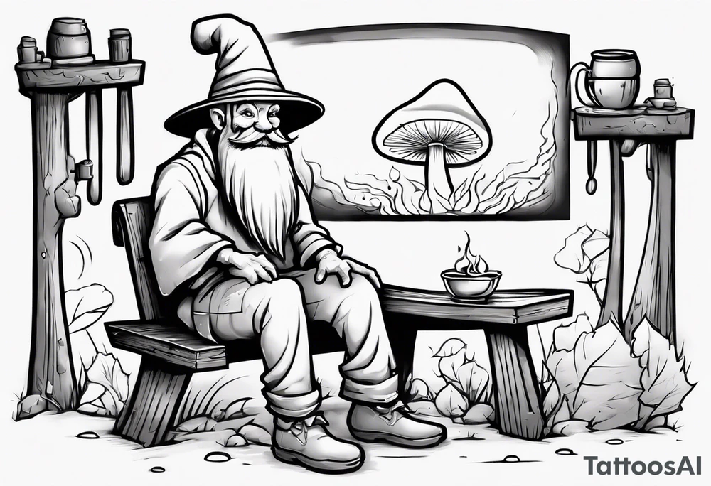 a mushroom with a long grey beard wearing a tunic and a floppy hat sitting on a bench by a fireplace drinking from a wood cup, smiling tattoo idea