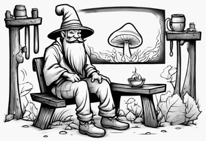 a mushroom with a long grey beard wearing a tunic and a floppy hat sitting on a bench by a fireplace drinking from a wood cup, smiling tattoo idea