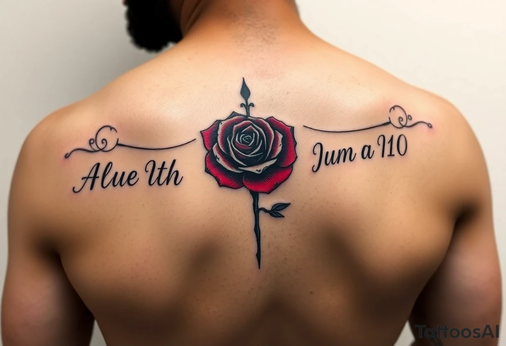 Roman numeral tattoo wrapped around your upper arm/shoulder area inked in with red rose in the background of the words tattoo idea