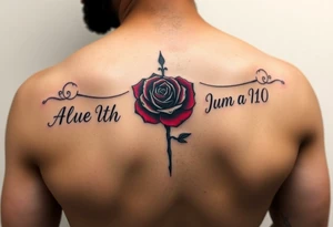 Roman numeral tattoo wrapped around your upper arm/shoulder area inked in with red rose in the background of the words tattoo idea