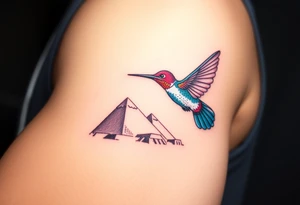 A hummingbird flying over the pyramids at sunrise(only red , blue and black are possible colors) tattoo idea