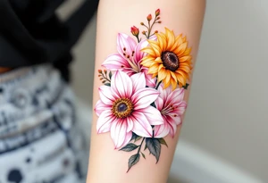 Sunflowers and stargazer lillies in pink and white in a dainty wildflower bouquet tattoo idea