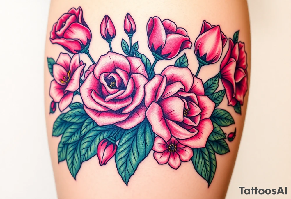 Realistic roses tulips and lilies 
and leaves with embellishments tattoo idea