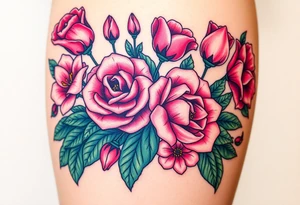 Realistic roses tulips and lilies 
and leaves with embellishments tattoo idea