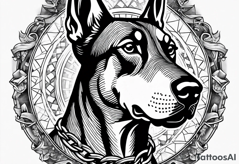 Doberman with open mouth biting
Wearing chain tattoo idea