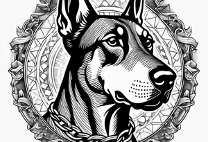 Doberman with open mouth biting
Wearing chain tattoo idea