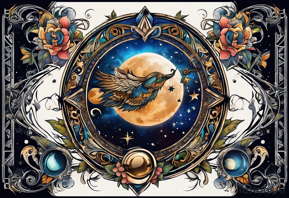 A tattoo design inspired by southern Italian folklore tales, incorporating mystical creatures and celestial objects such as moons and stars, reflecting the client's love for folklore and celestial objects. tattoo idea