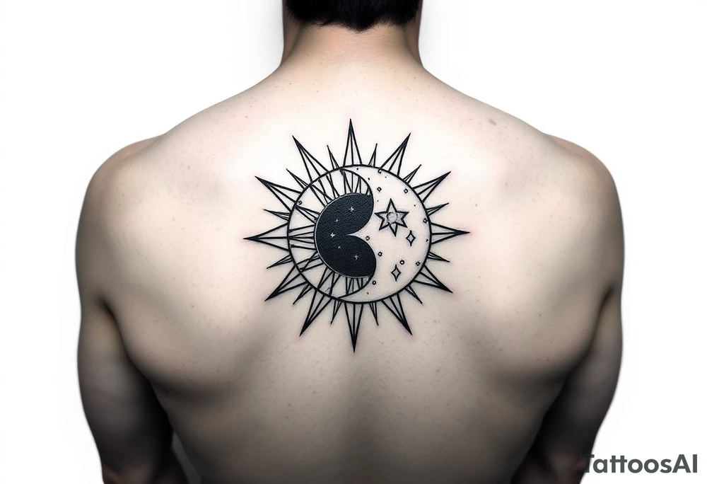 celestial sun and moon embrace with constellation patterns tattoo idea