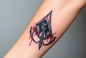 Assassins Creed emblem with hooded character, NO FACE, with blood splashes and a sword tattoo idea