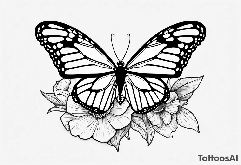 Create a black and white fine line tattoo design of a monarch butterfly, with poppy flowers exclusively inside the top halves of the wings. The butterfly’s wings should act as a frame for the flowers, clearly showing the flowers within the outline of the wings. The design should feature minimalistic and elegant lines, with intricate details on the flowers, while the bottom halves of the wings should remain simple to highlight the top sections. tattoo idea