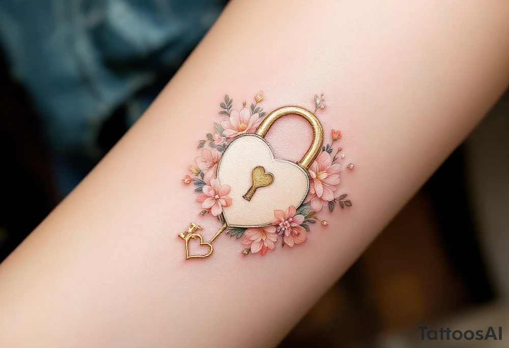 A finely detailed key with a heart-shaped end, surrounded by a floral border, leading to an elegant lock adorned with tiny flowers. Gold for the key, soft blush and peach for the flowers, and a creamy ivory lock with subtle silver detailing. tattoo idea