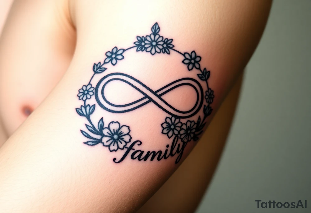 An infinity symbol surrounded by a wreath of wildflowers, with the word "family" flowing beneath tattoo idea