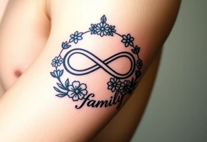 An infinity symbol surrounded by a wreath of wildflowers, with the word "family" flowing beneath tattoo idea