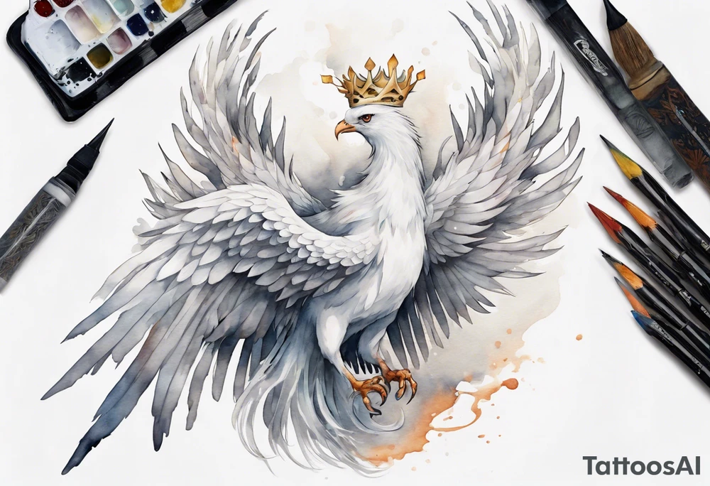 a solitary white phoenix wearing a grey crown tattoo idea
