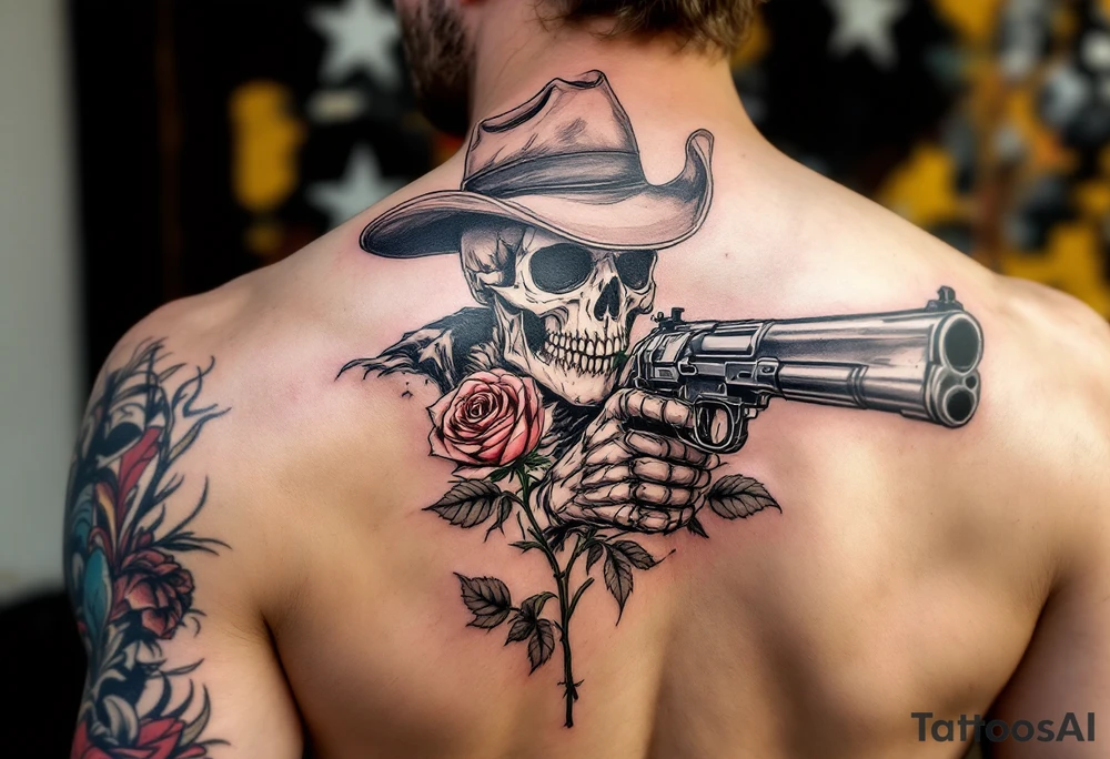 a full body skeleton cowboy gunslinger with a rose in his mouth. tattoo idea