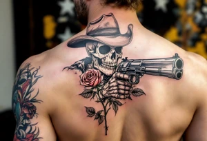 a full body skeleton cowboy gunslinger with a rose in his mouth. tattoo idea