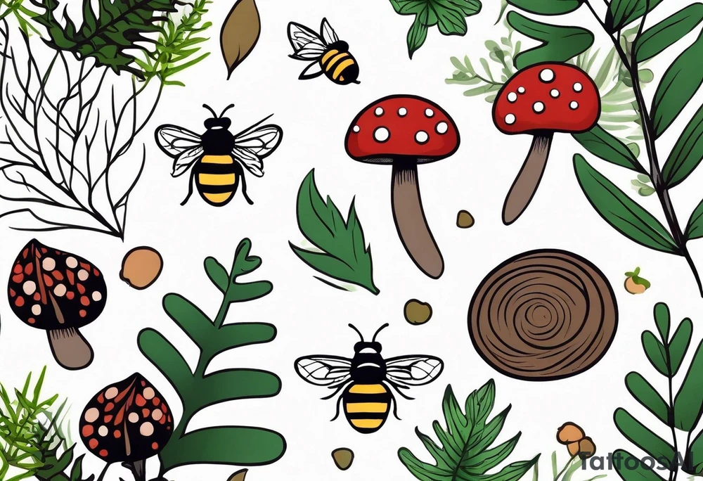 minimalistic forest floor inspired tattoo, which includes grass, moss, curly ferns and dead leaves as the bulk of the tattoo. details to include: forest berries, couple of very small brown mushrooms, a tiny bumblebee flying nearby tattoo idea