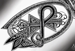 ankh mixed tribal whole arm tattoo idea