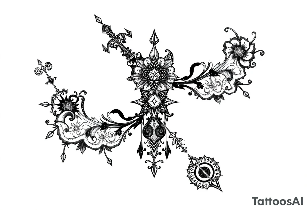 mystical long ornament tattoo with shaman and witch style and ancient rhyme tattoo idea