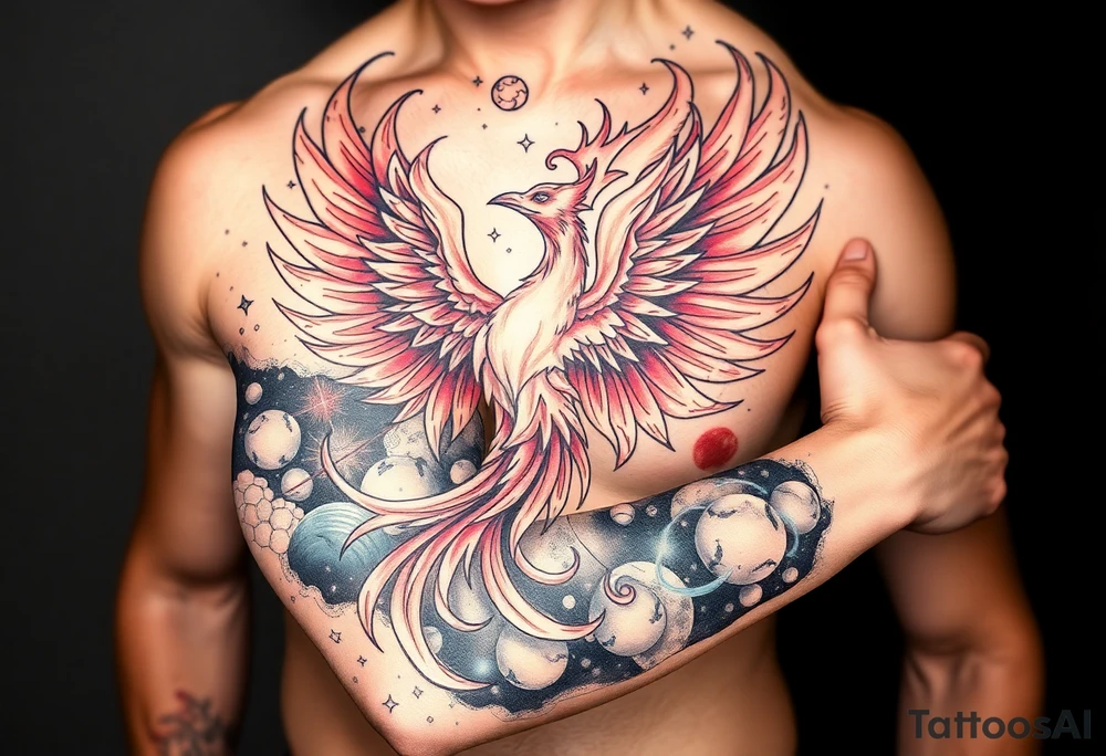 Powerful Phoenix feminine energy flames from within at night with stars planets and nebula tattoo idea