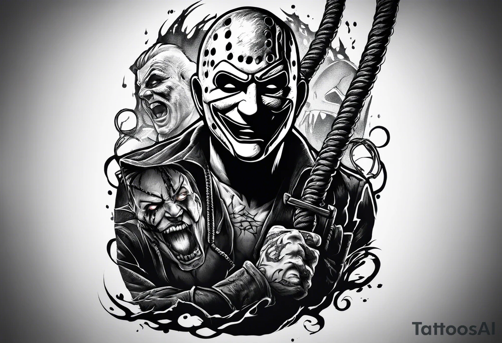 Horror sleeve with a noose, Freddy Kruger, Jason, chucky, and scream tattoo idea