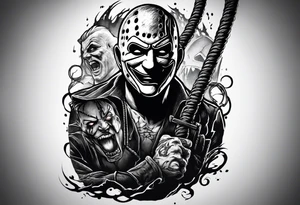 Horror sleeve with a noose, Freddy Kruger, Jason, chucky, and scream tattoo idea