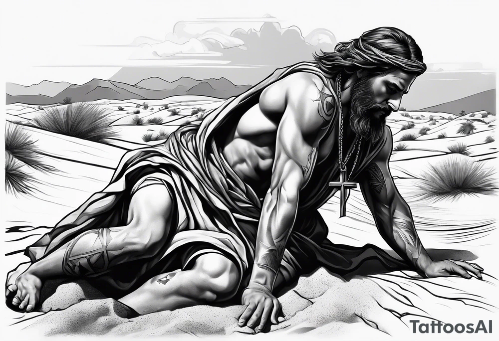 man crawling in a desert reaching to the cross of Christ tattoo idea