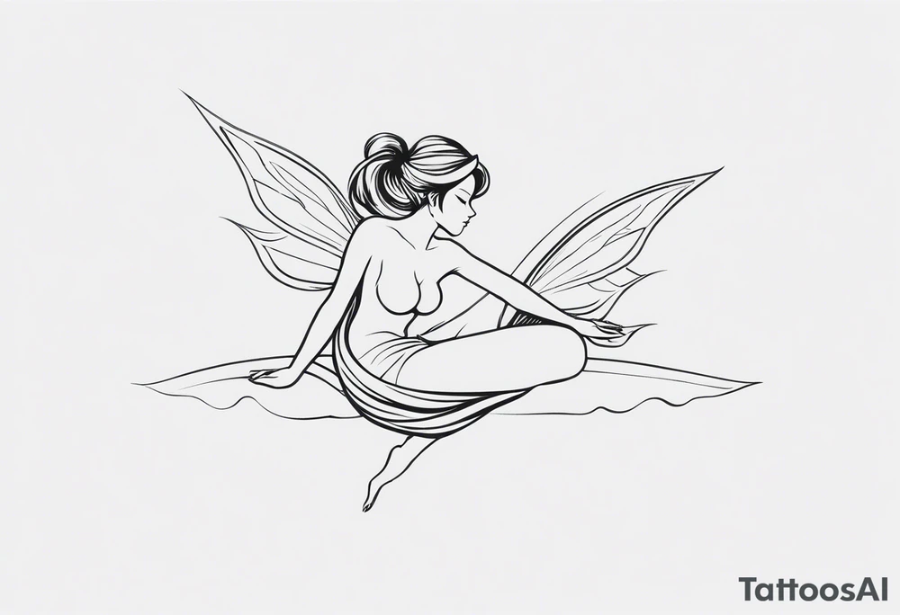 Minimalistic, monochromatic fairy with a tail flying to the left in a fetal position, leaning and looking in the same direction, with visible hands, embodying the 'Fairy Tail' logo aesthetic. tattoo idea