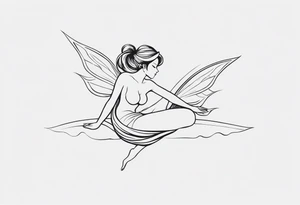 Minimalistic, monochromatic fairy with a tail flying to the left in a fetal position, leaning and looking in the same direction, with visible hands, embodying the 'Fairy Tail' logo aesthetic. tattoo idea