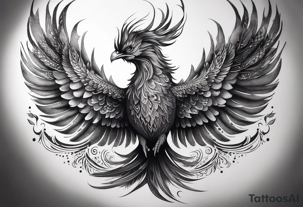 Tattoo: A powerful, majestic phoenix, depicted mid-flight or rising, with wings extended and feathers flowing. Deep shading and intricate details to bring out the texture and motion of the feathers. tattoo idea