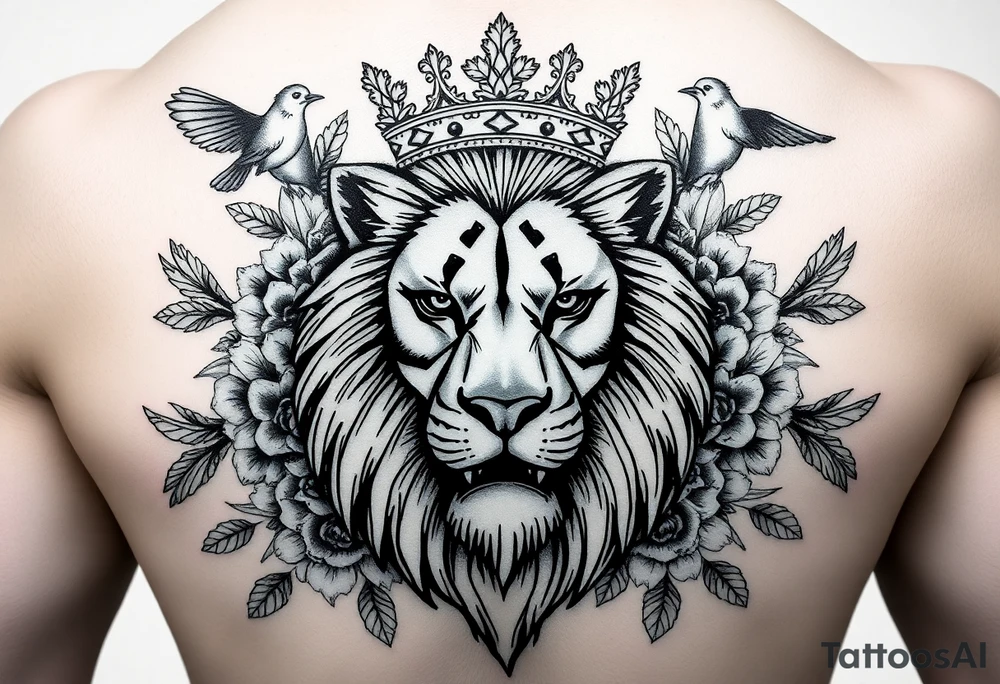powerful majestic lion with a crown, surrounded by floral ornaments and birds tattoo idea
