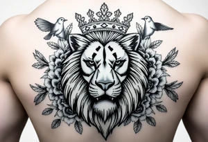 powerful majestic lion with a crown, surrounded by floral ornaments and birds tattoo idea