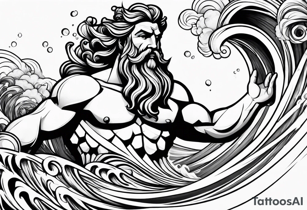 Poseidon with waves and fish tattoo idea