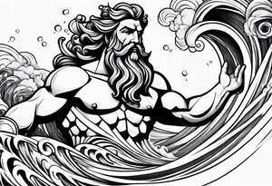 Poseidon with waves and fish tattoo idea