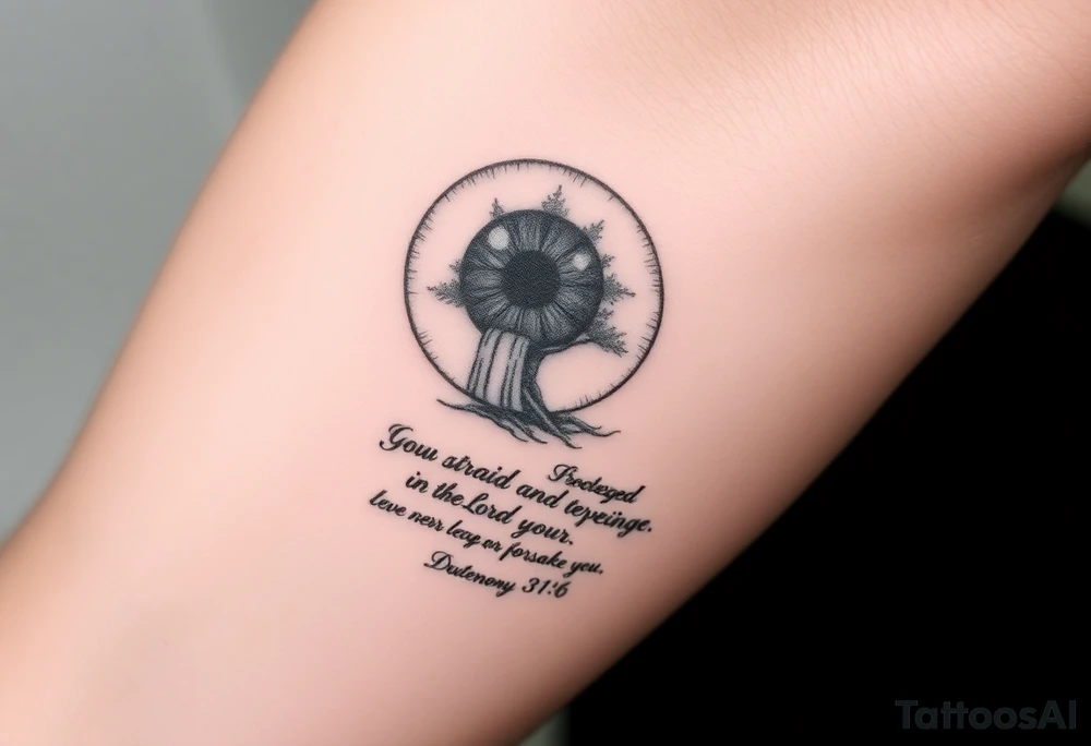 Eyeball with waterfall flowing out of it and under have a tree and under that have the verse Be strong and courageous. Do not be afraid or terrified
because of them, for the Lord your God goes with you; he will never leave you nor forsake you." Deuteronomy 31:6 tattoo idea