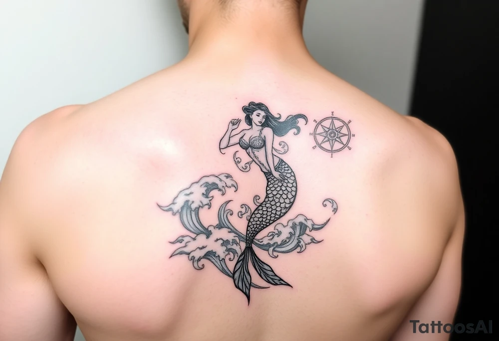 Mermaid in waves with compass tattoo idea