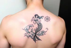 Mermaid in waves with compass tattoo idea