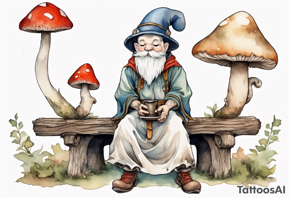 a mushroom gnome
wearing a medieval tunic sitting on a bench by a fireplace drinking from a wood cup, happy tattoo idea