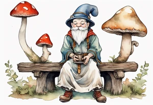 a mushroom gnome
wearing a medieval tunic sitting on a bench by a fireplace drinking from a wood cup, happy tattoo idea